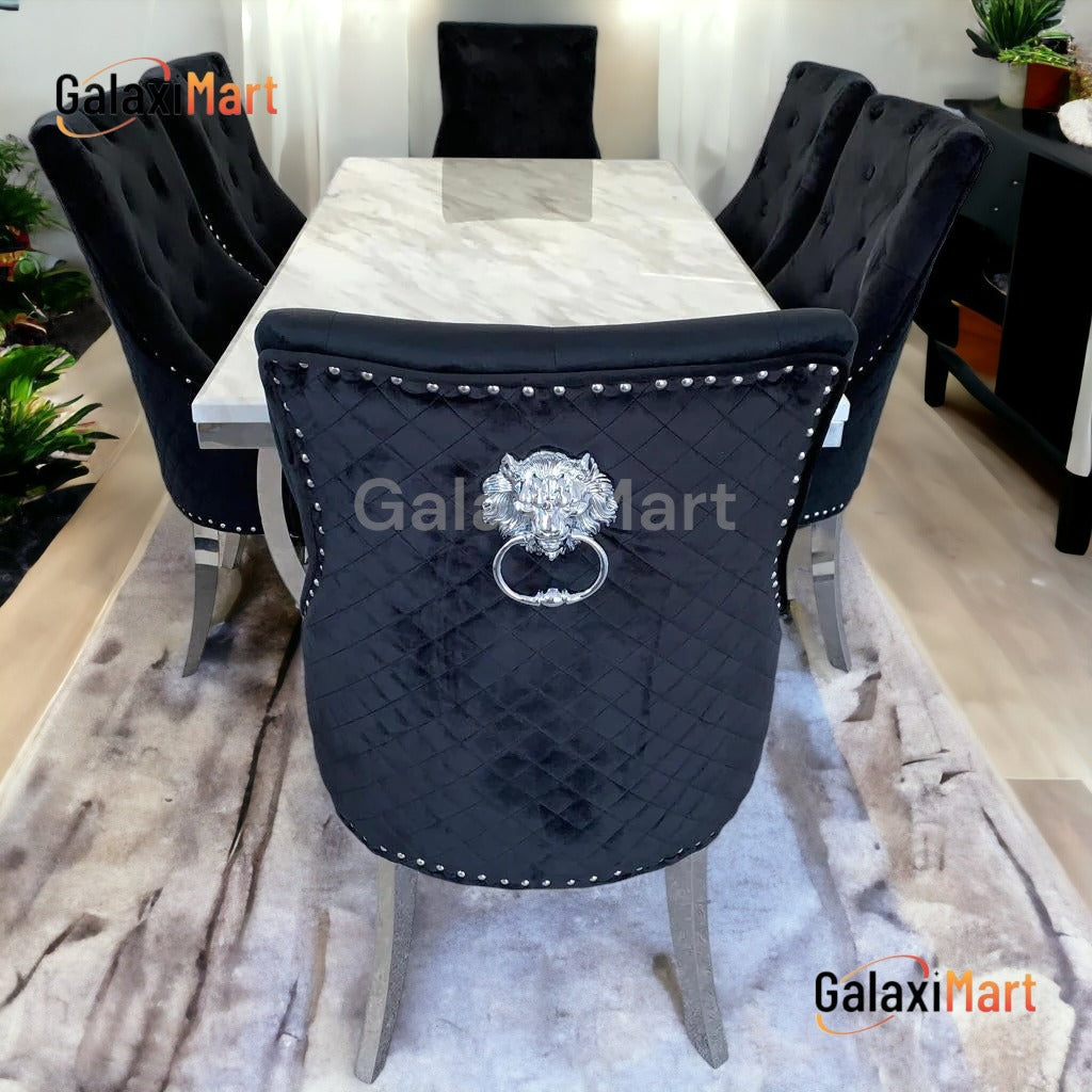 Ariaana 150cm + 180cm + 200cm White Marble Dining Table With Majestic Lion Knocker Black Velvet Dining Chairs