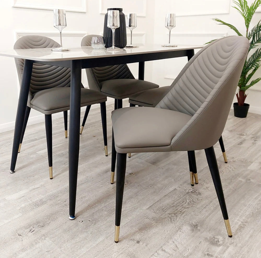 Carpi 140cm Black Dining Table with Sintered Ceramic Stone Top With Set of Alba Leather Dining Chair