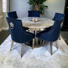Chelsea 130cm Marble Round Dining Table + Blue Lion Knocker Chairs