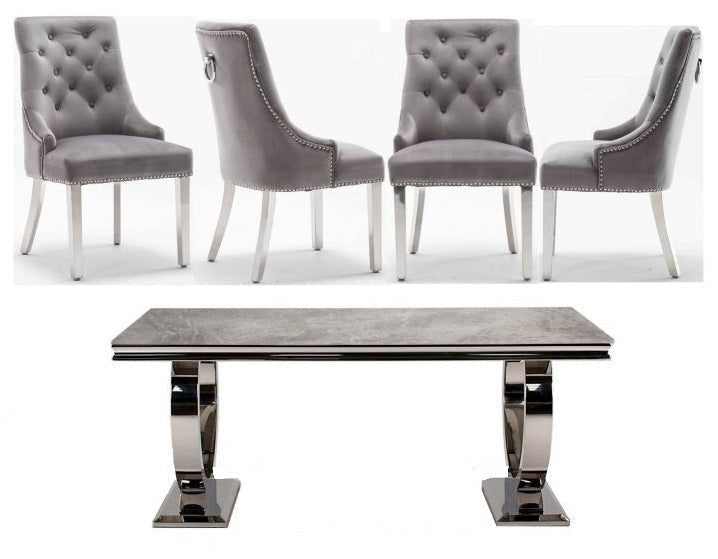 Arianna 180cm White Marble Dining Table with Set of Plush Velvet Dining Chairs – Luxury Dining Set