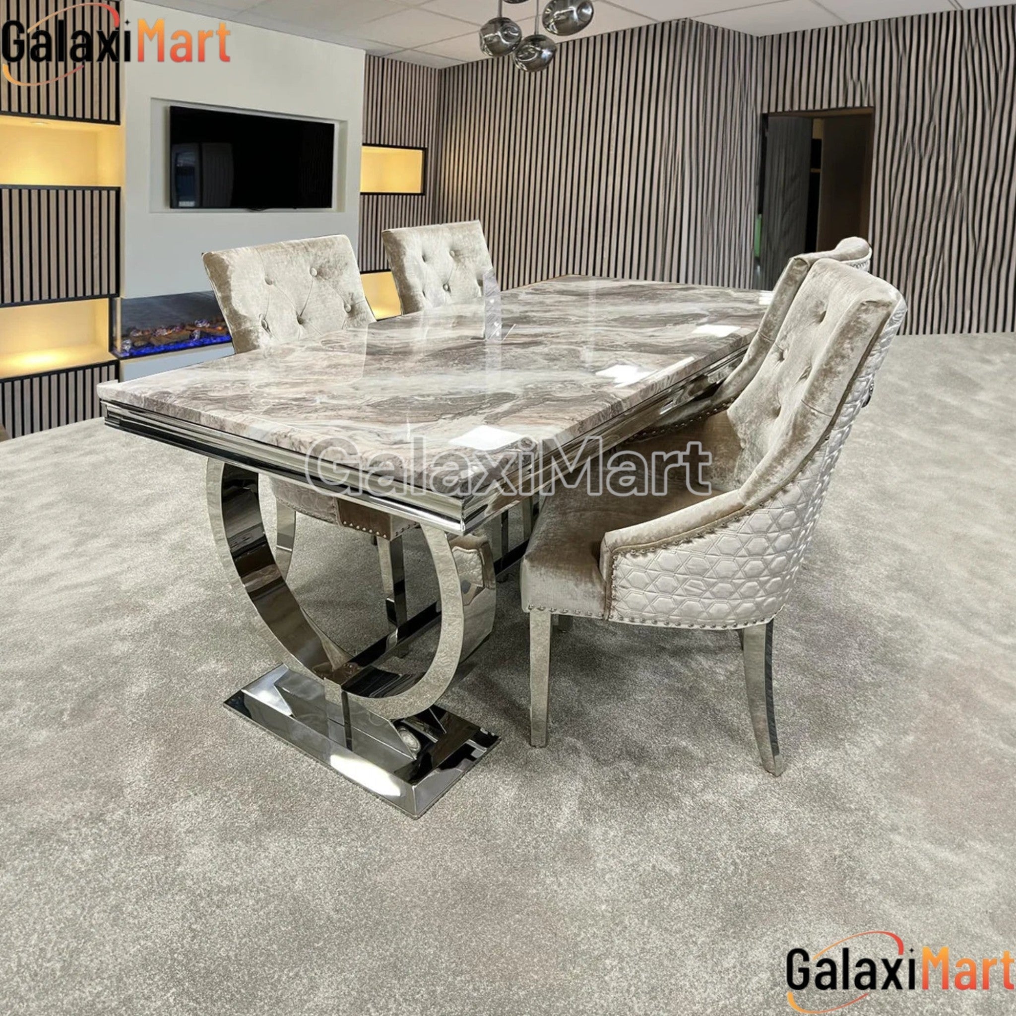Arianna 150/180/200cm Brown Marble Dining Table with Beige Velvet Dining Chairs – Luxury Dining Set