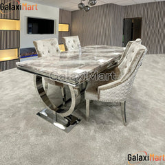 Arianna 150/180/200cm Brown Marble Dining Table with Beige Velvet Dining Chairs – Luxury Dining Set