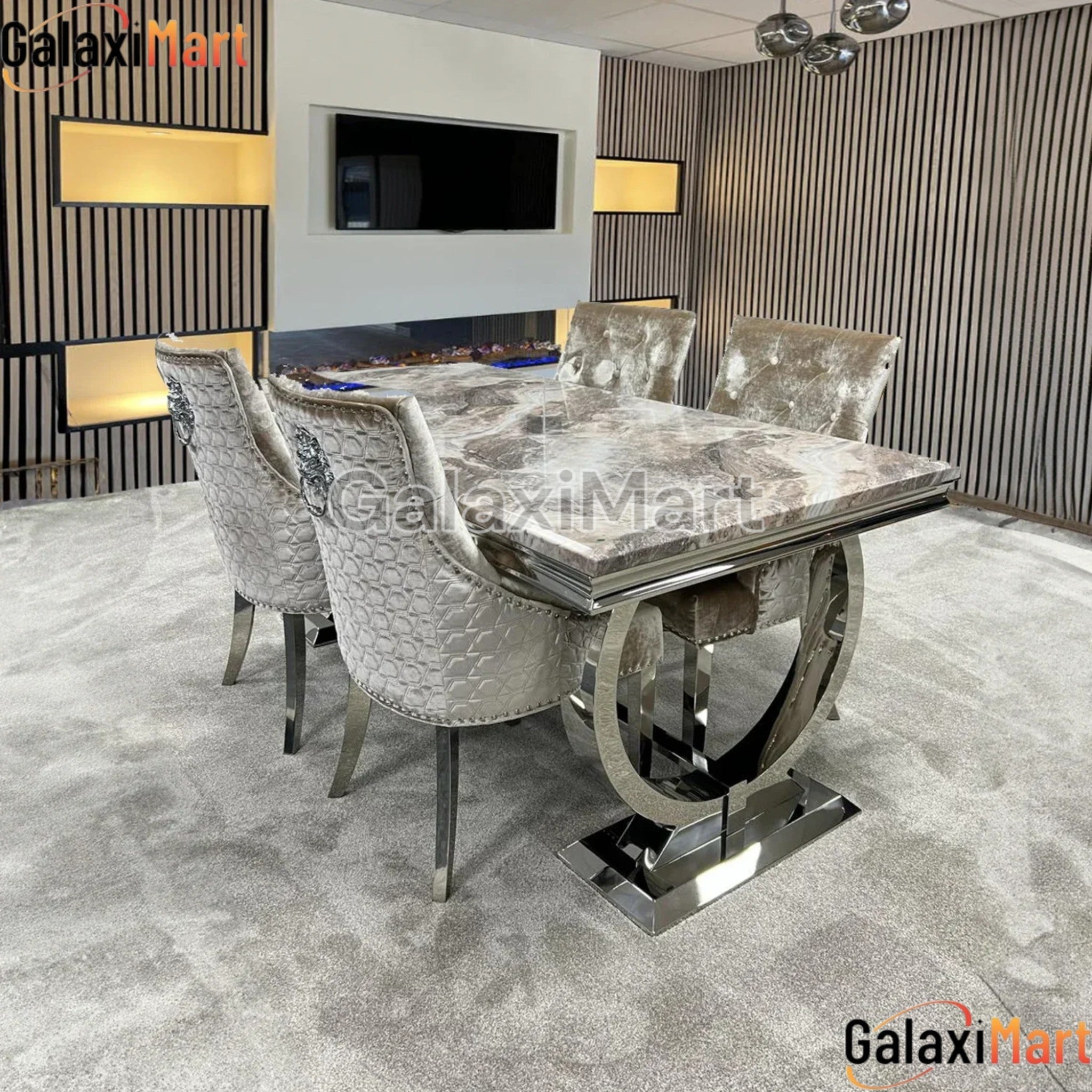 Arianna 150/180/200cm Brown Marble Dining Table with Beige Velvet Dining Chairs – Luxury Dining Set