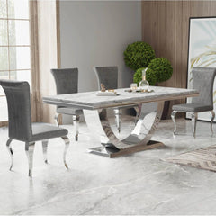 Ariel 160cm/ 180cm/ 200cm Marble Dining Table With Set of Nicole Dark Grey Leather Chairs