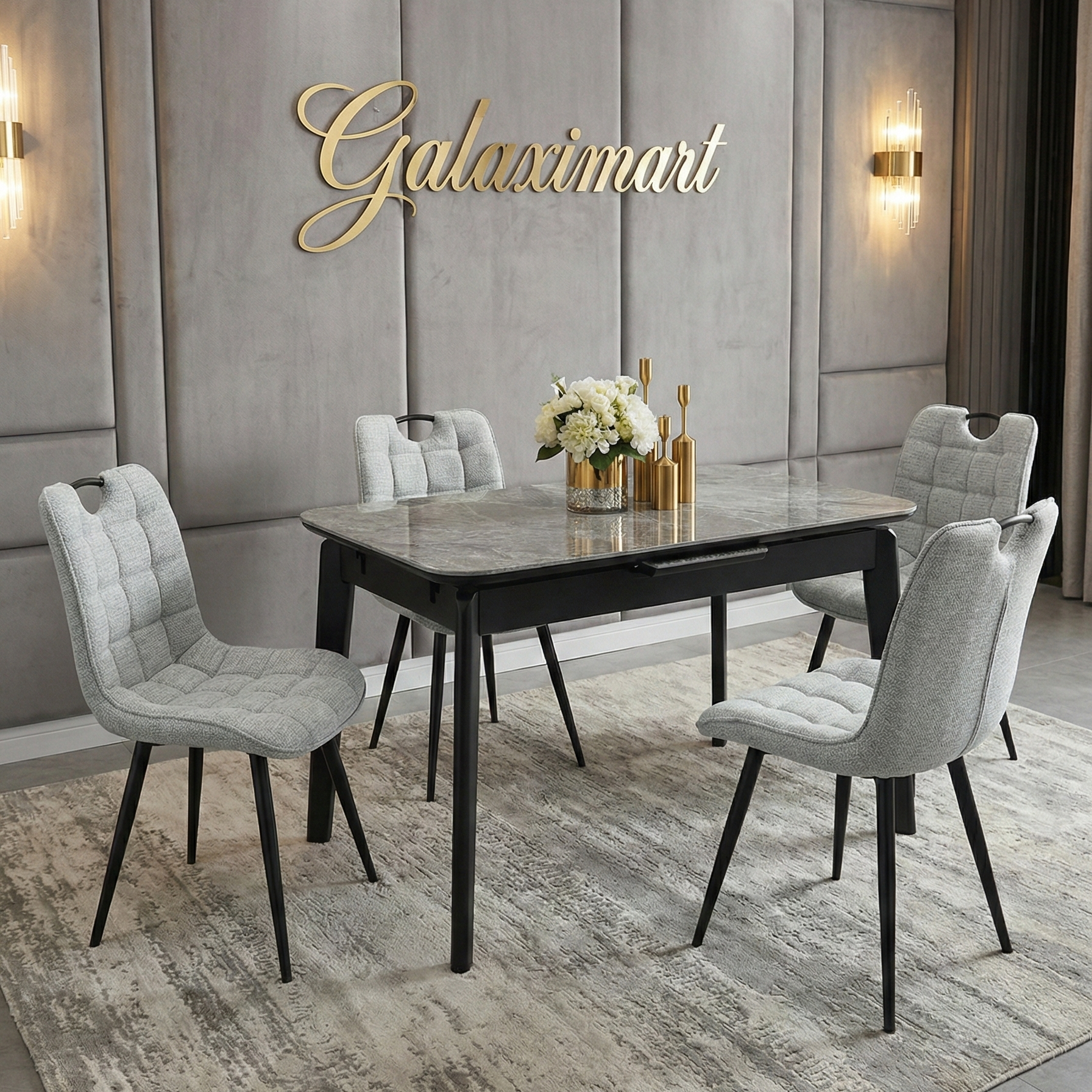 Arizona 130-160cm Extending Grey Ceramic Dining Table with Monza Grey Fabric Chairs