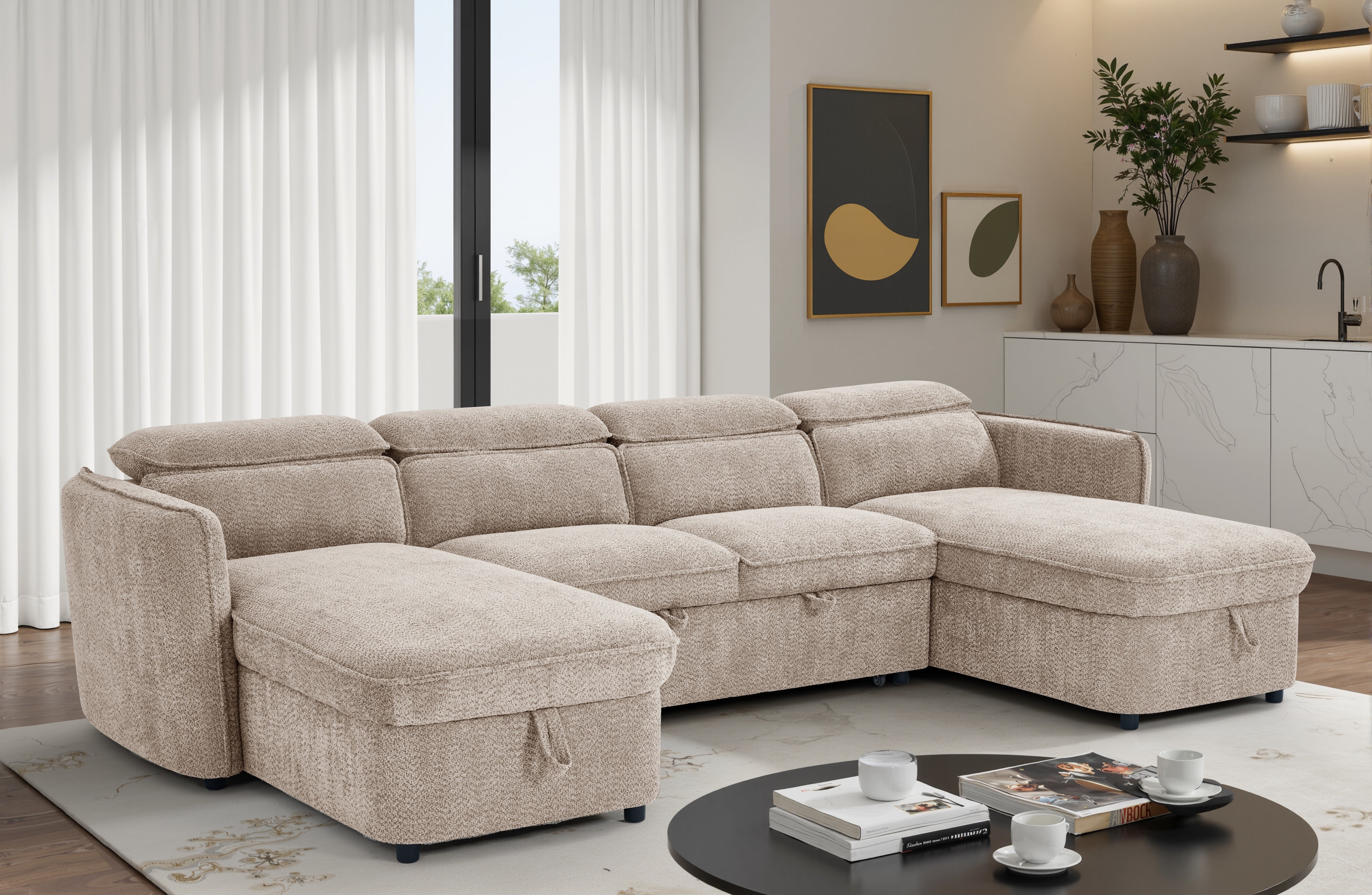Capri Beige U-Shape Corner Sofa Bed