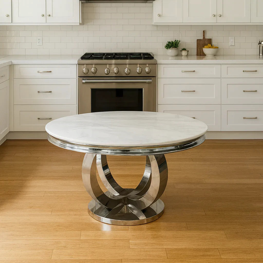 Chelsea 130cm Marble Round Dining Table + Blue Lion Knocker Chairs