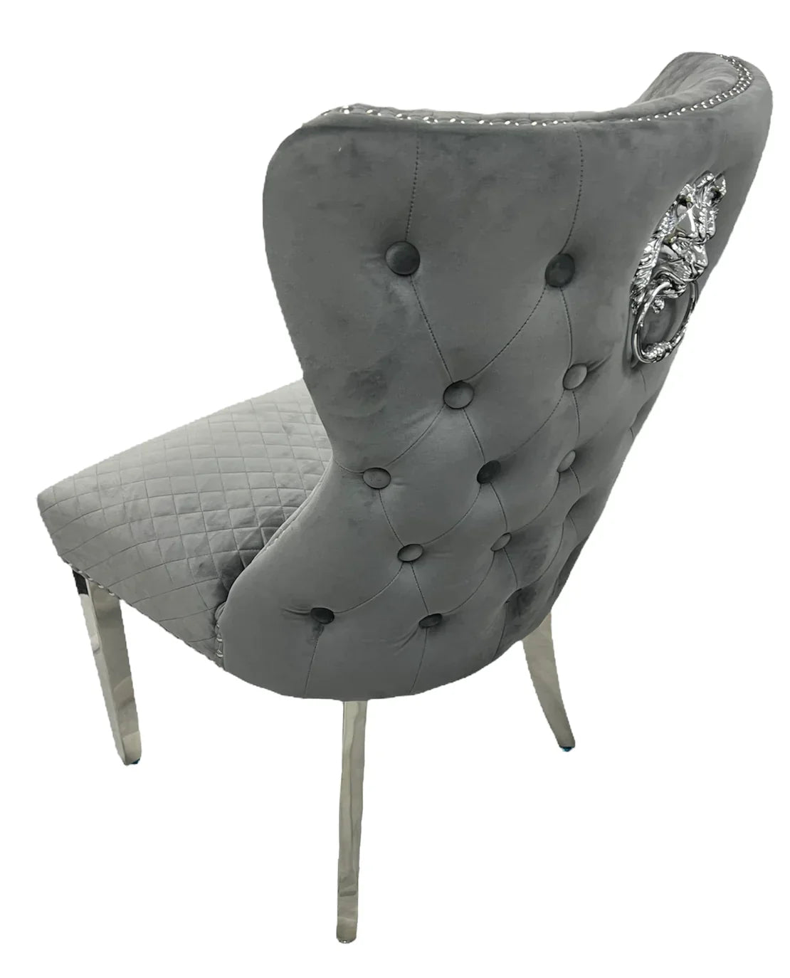 Bologna 130cm Grey Marble Round Dining Table with Set of Lewis Grey Lion Knocker Button Dining Chairs