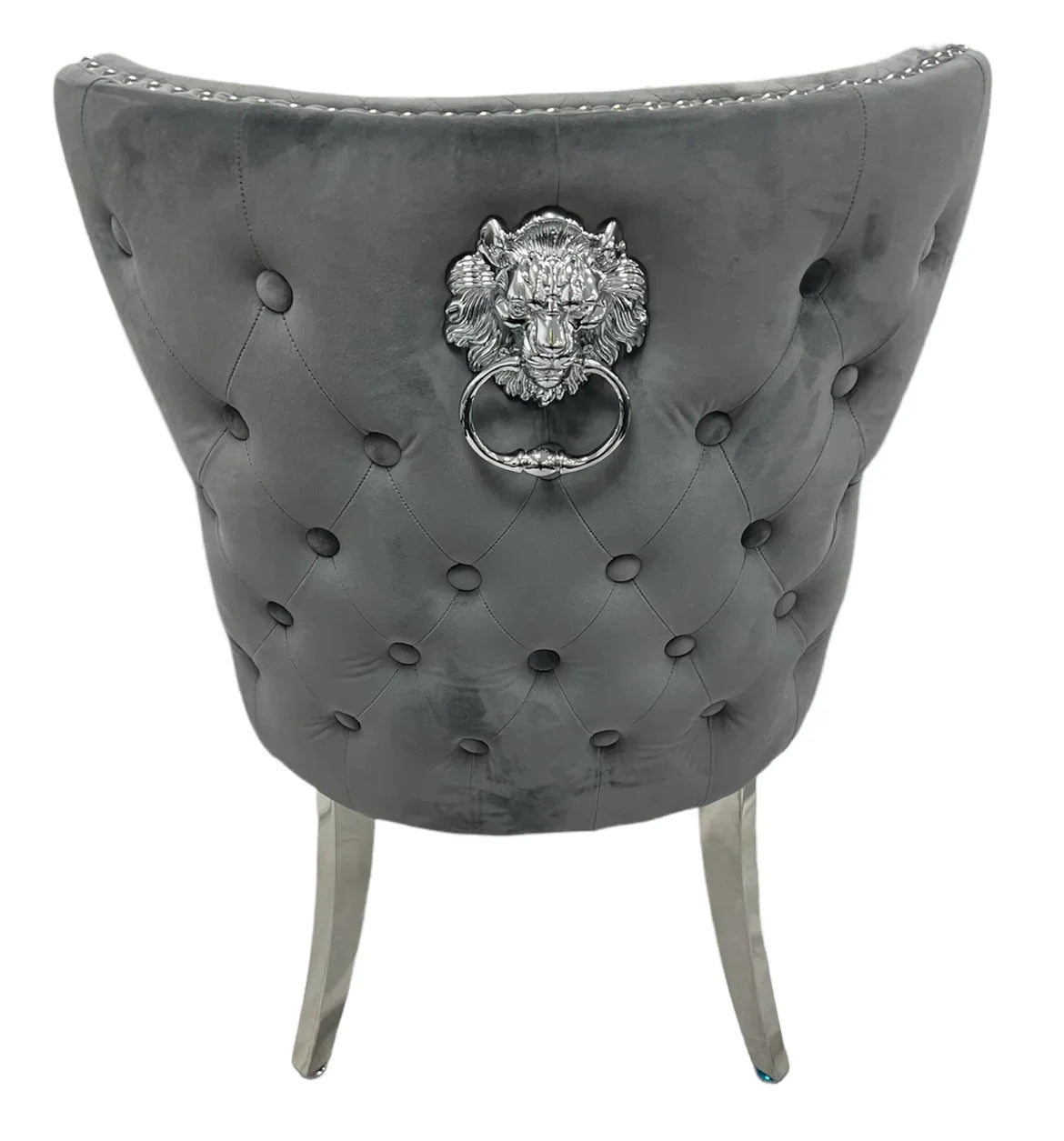 Bologna 130cm Grey Marble Round Dining Table with Set of Lewis Grey Lion Knocker Button Dining Chairs