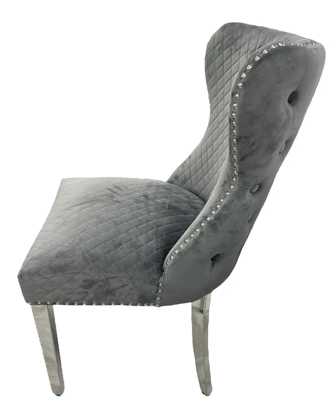 Bologna 130cm Grey Marble Round Dining Table with Set of Lewis Grey Lion Knocker Button Dining Chairs