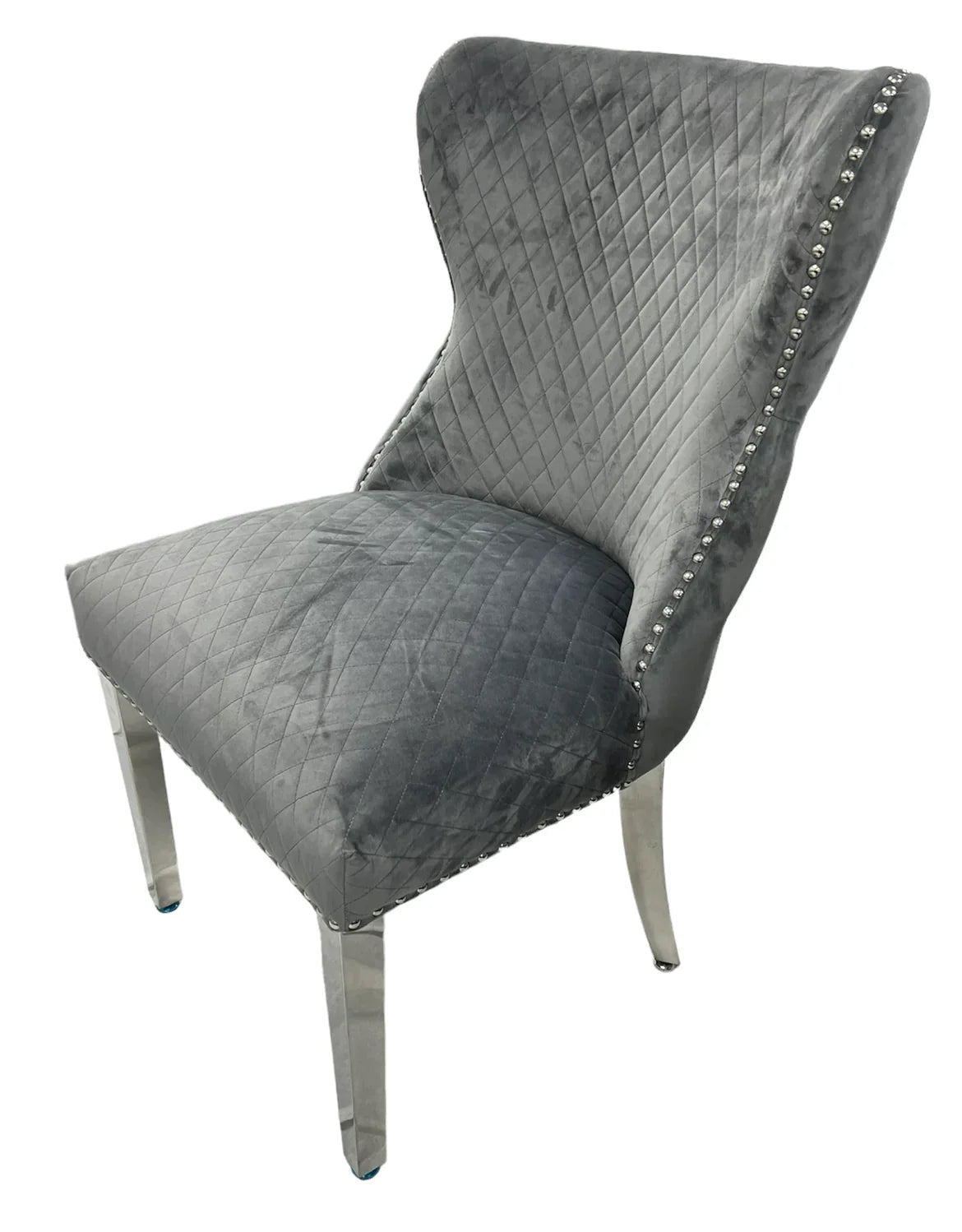 Bologna 130cm Grey Marble Round Dining Table with Set of Lewis Grey Lion Knocker Button Dining Chairs