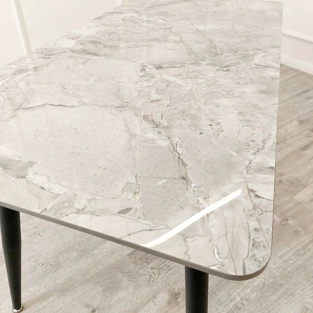 Carpi 140cm Black Dining Table with Sintered Ceramic Stone Top With Set of Alba Leather Dining Chair