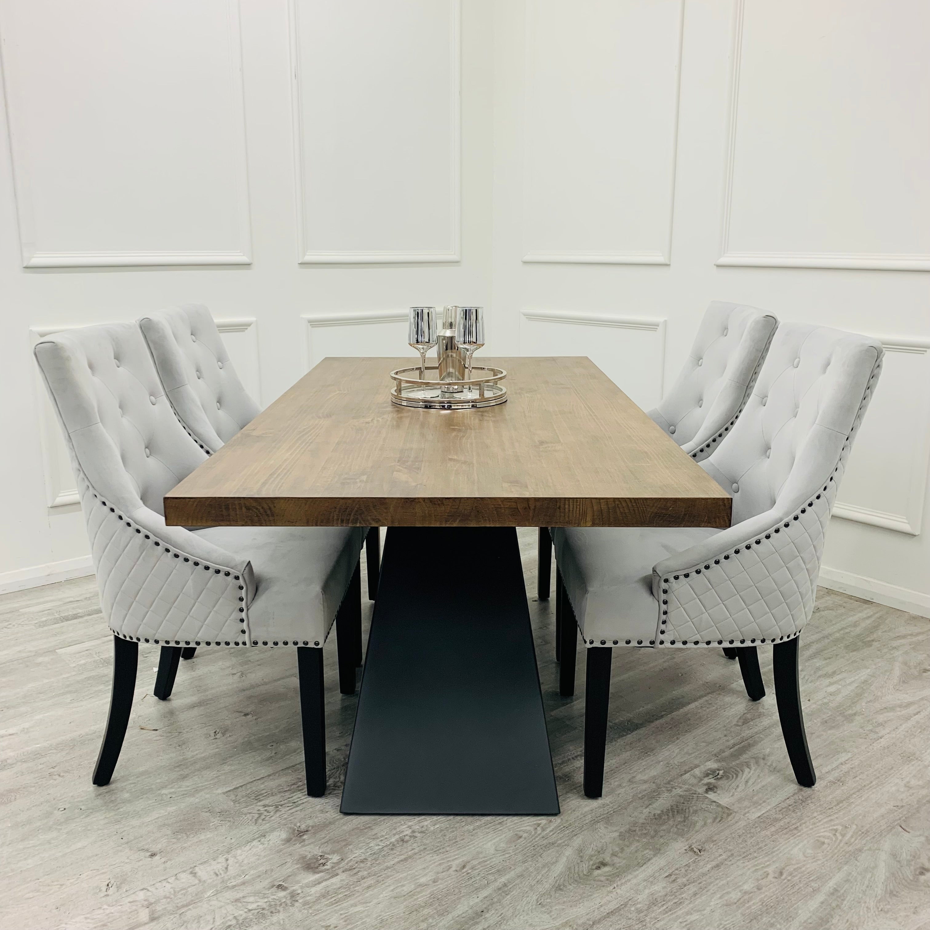 Axel 180cm Oka Wooden Top Dining Table With Set of Majestic Ring Knocker Dining Chairs