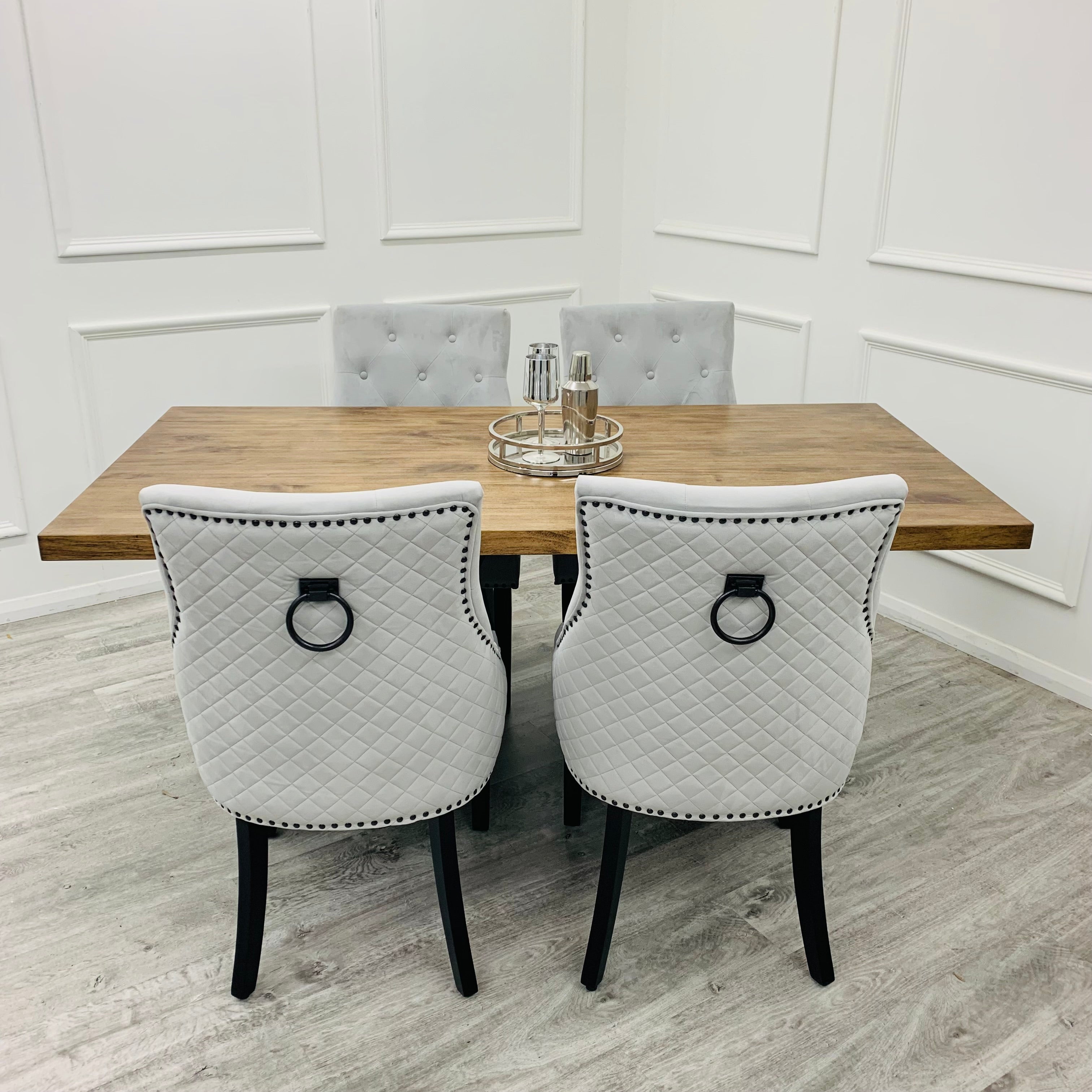 Axel 180cm Oka Wooden Top Dining Table With Set of Majestic Ring Knocker Dining Chairs