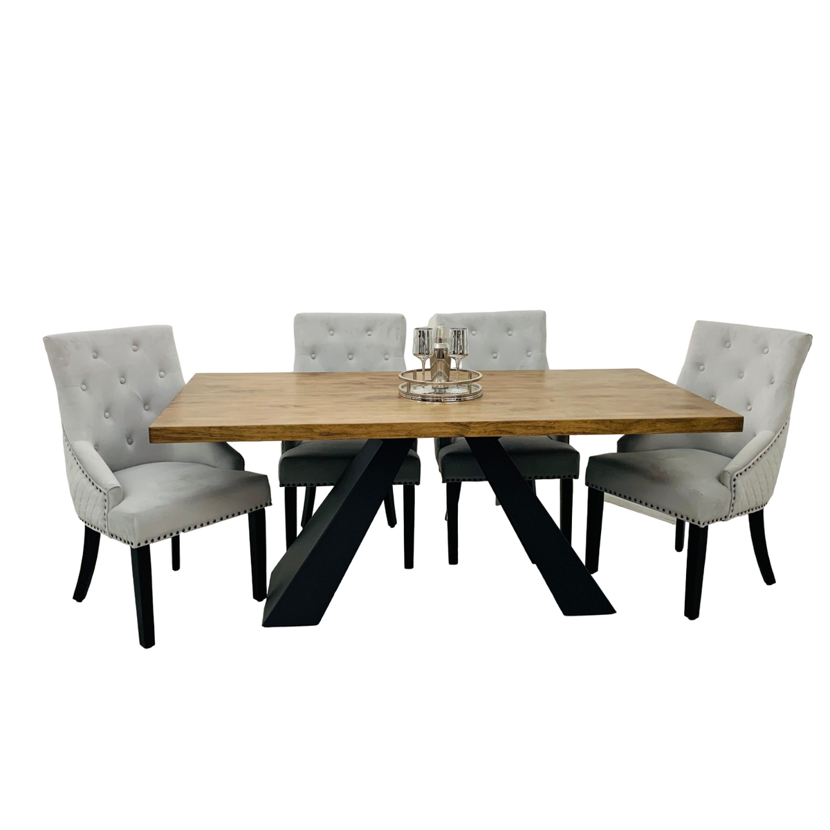 Axel 180cm Oka Wooden Top Dining Table With Set of Majestic Ring Knocker Dining Chairs