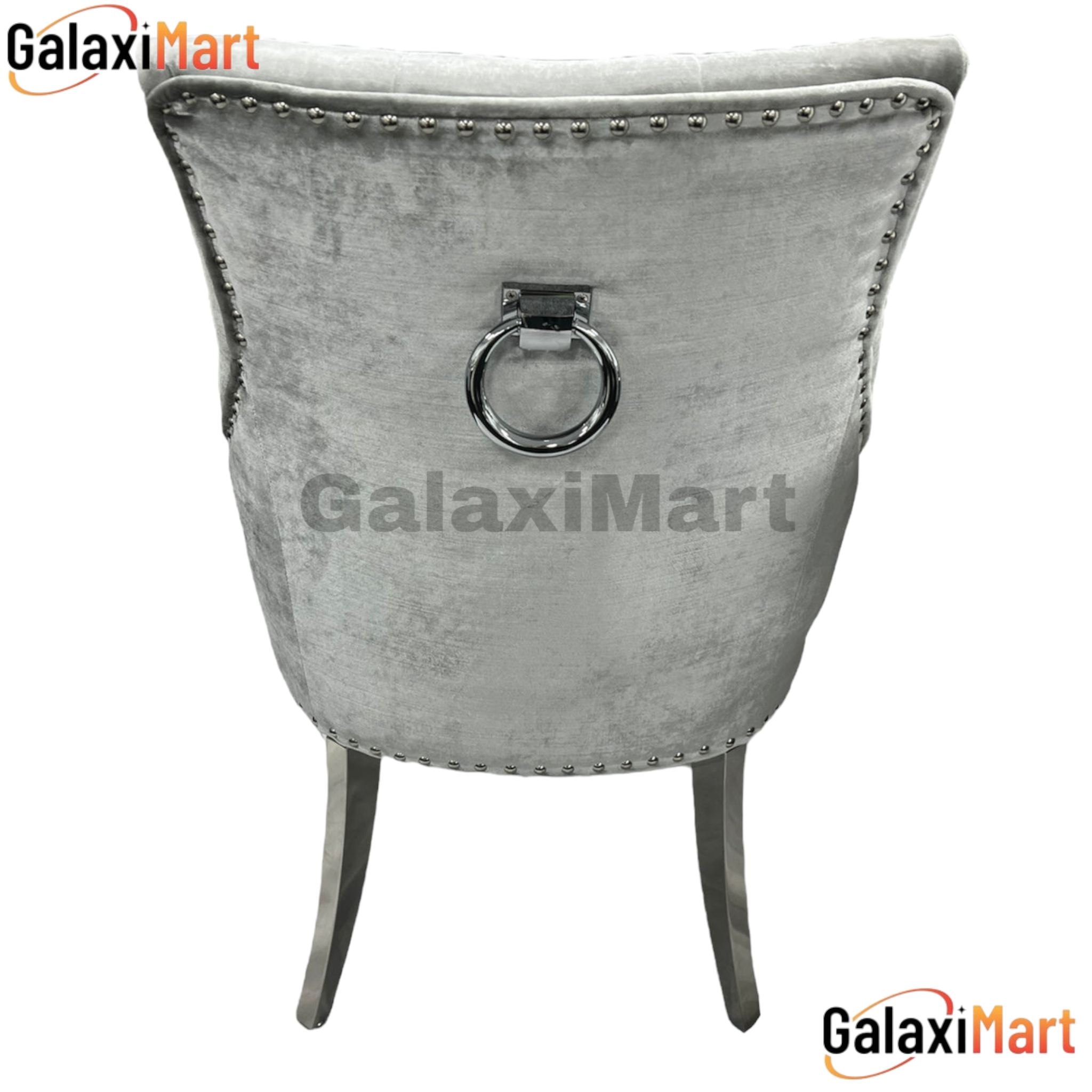 Bologna 130cm white round marble dining table with plain back silver grey ring knocker velvet chairs