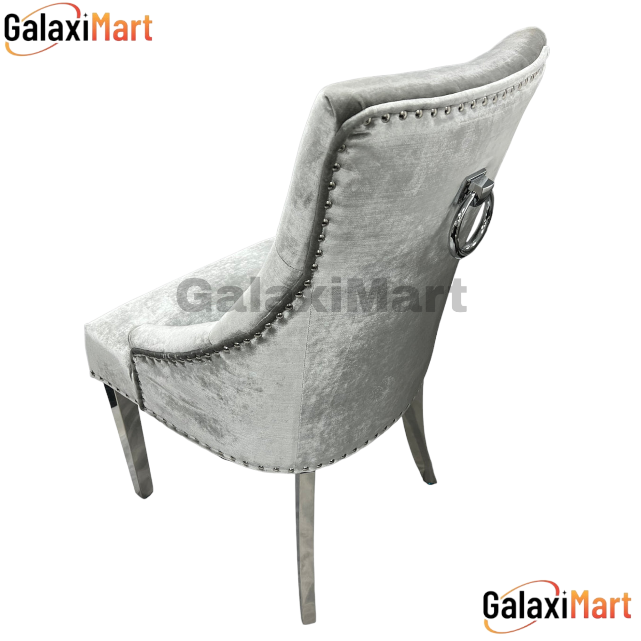 Bologna 130cm white round marble dining table with plain back silver grey ring knocker velvet chairs