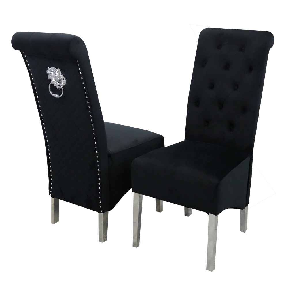Arianna 150cm Black Marble Dining Table With Sofia Lion Knocker Plush Velvet Dining Chairs