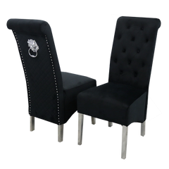 Arianna 150cm Black Marble Dining Table With Sofia Lion Knocker Plush Velvet Dining Chairs