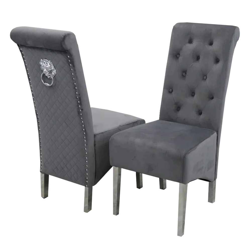 Arianna Marble & Chrome Dining Table with Lucy Slim Quilted Lion Knocker Velvet Dining Chairs – Luxury Dining Set