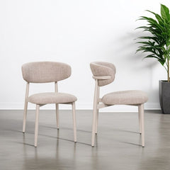 Amiri Modern Curved Boucle Dining Chair With Natural Wood Finish Legs