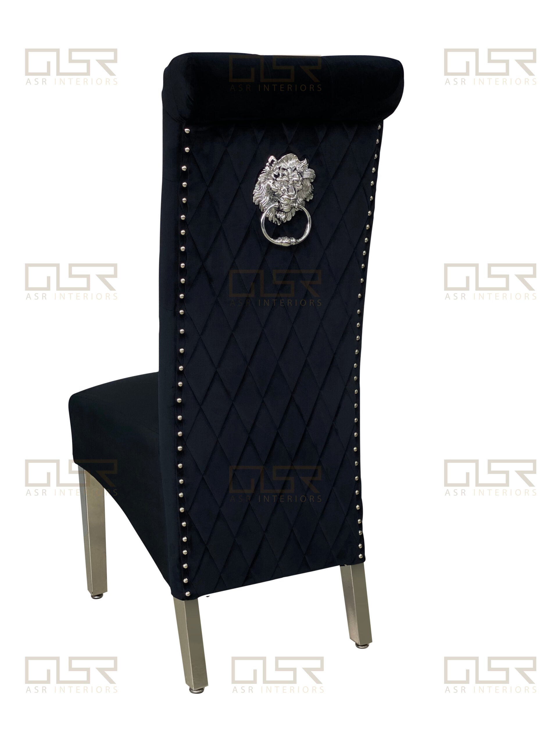 Arial 180cm Black Marble Dining Table with Lucy Black Lion Slim Knocker Plush Velvet Chairs