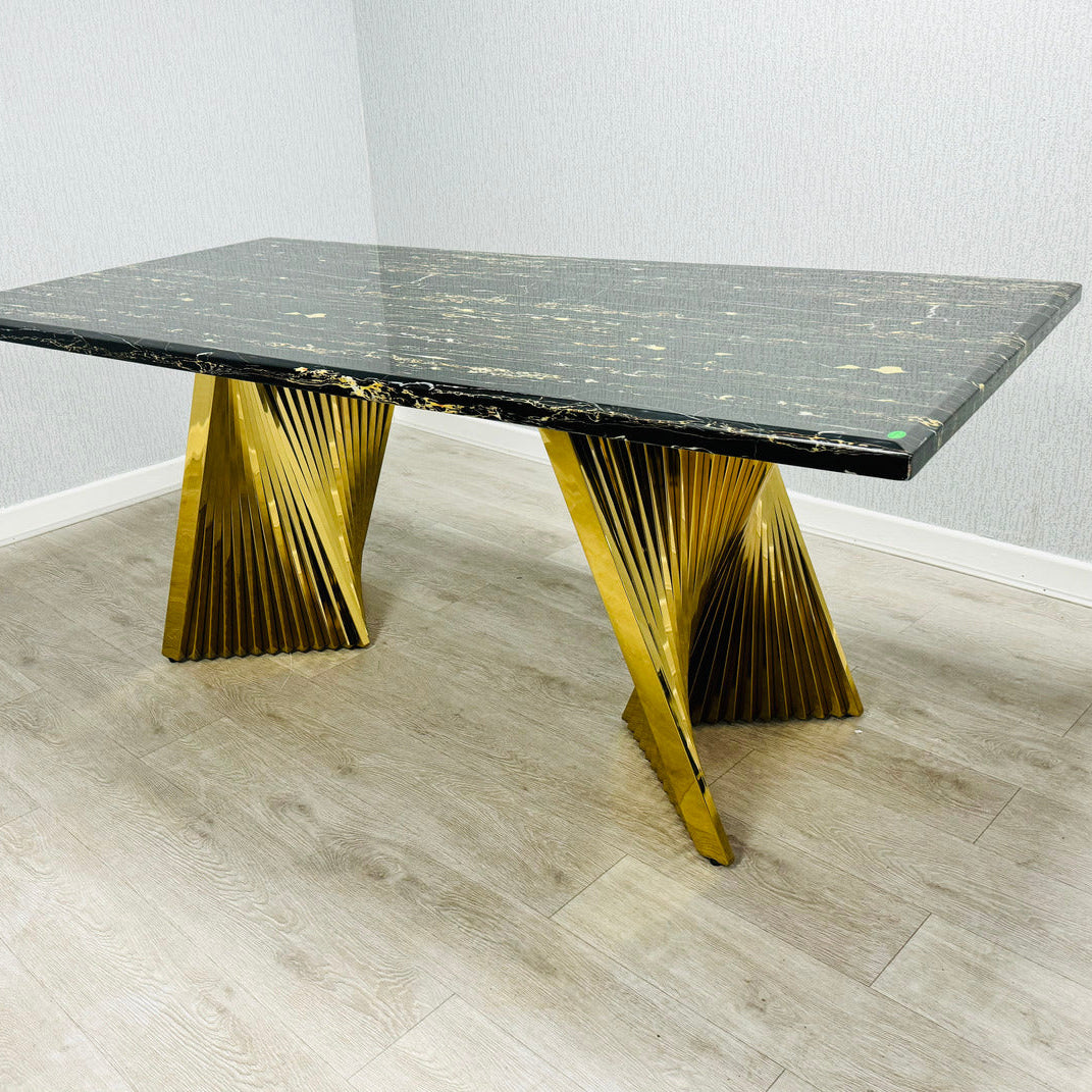 180cm Revello Black & Gold Marble Dining Table with Victoria Gold Lion Knocker Buttoned Back Velvet Chairs