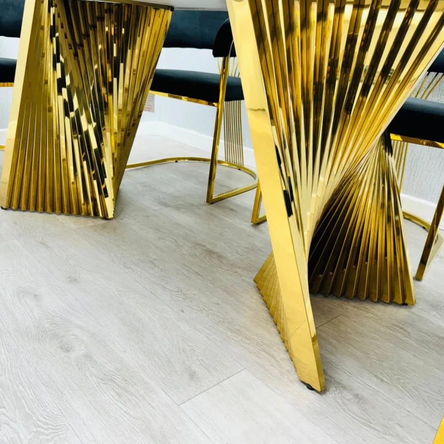 180cm Revello Black & Gold Marble Dining Table with Victoria Gold Lion Knocker Buttoned Back Velvet Chairs