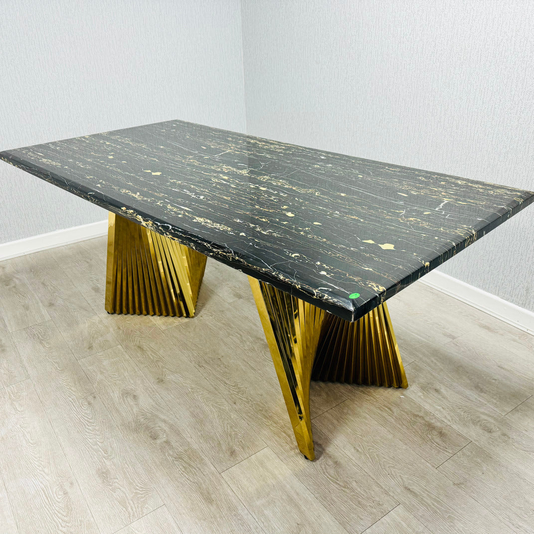 180cm Revello Black & Gold Marble Dining Table with Victoria Gold Lion Knocker Buttoned Back Velvet Chairs
