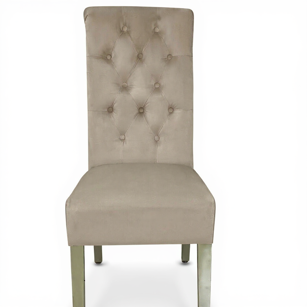Arianna Grey Marble Dining Table with Sofia High Back Cream Lion Knocker Plush Velvet Dining Chairs