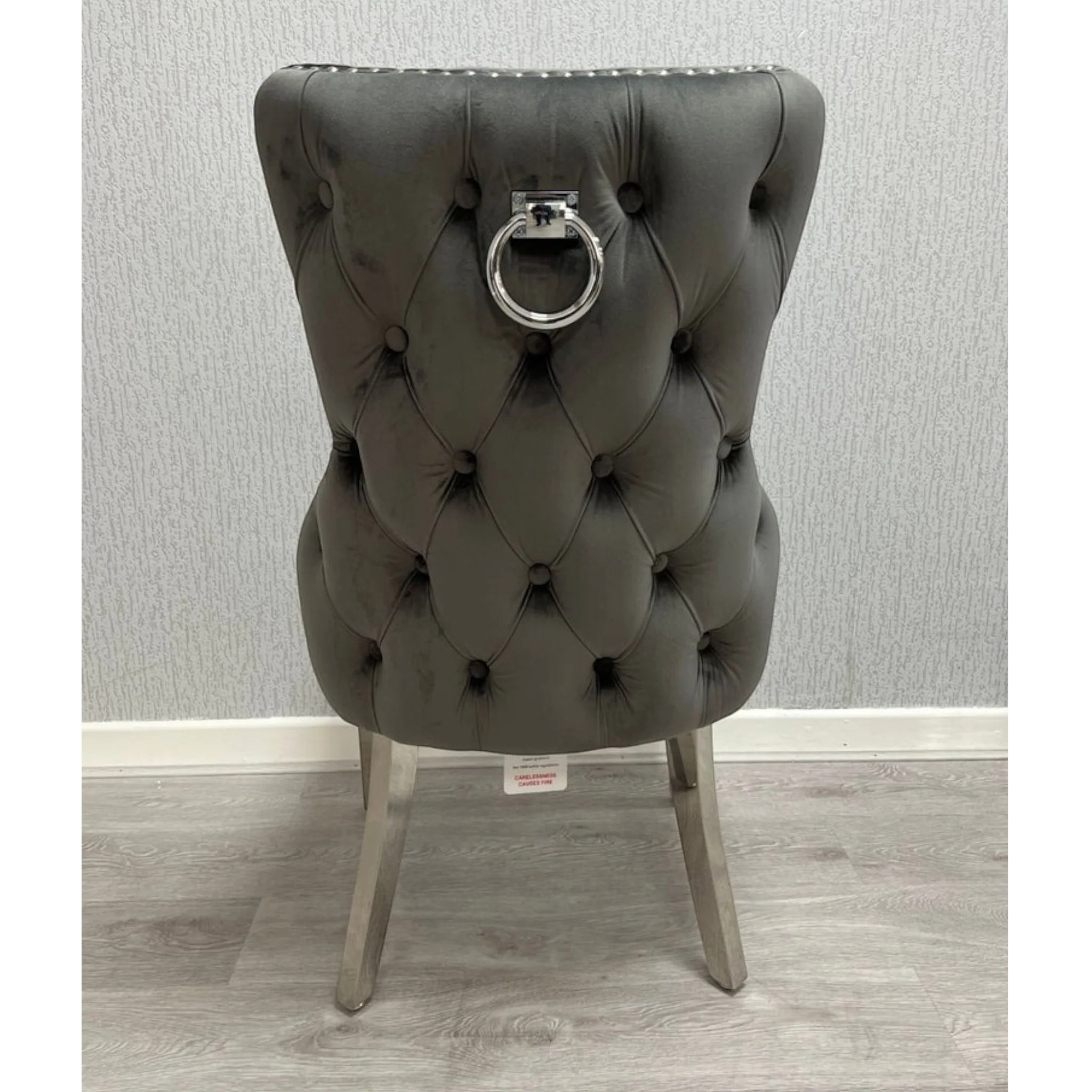 Ariana White Marble Dining Table & Victoria Dark Grey Button Back Velvet Chairs