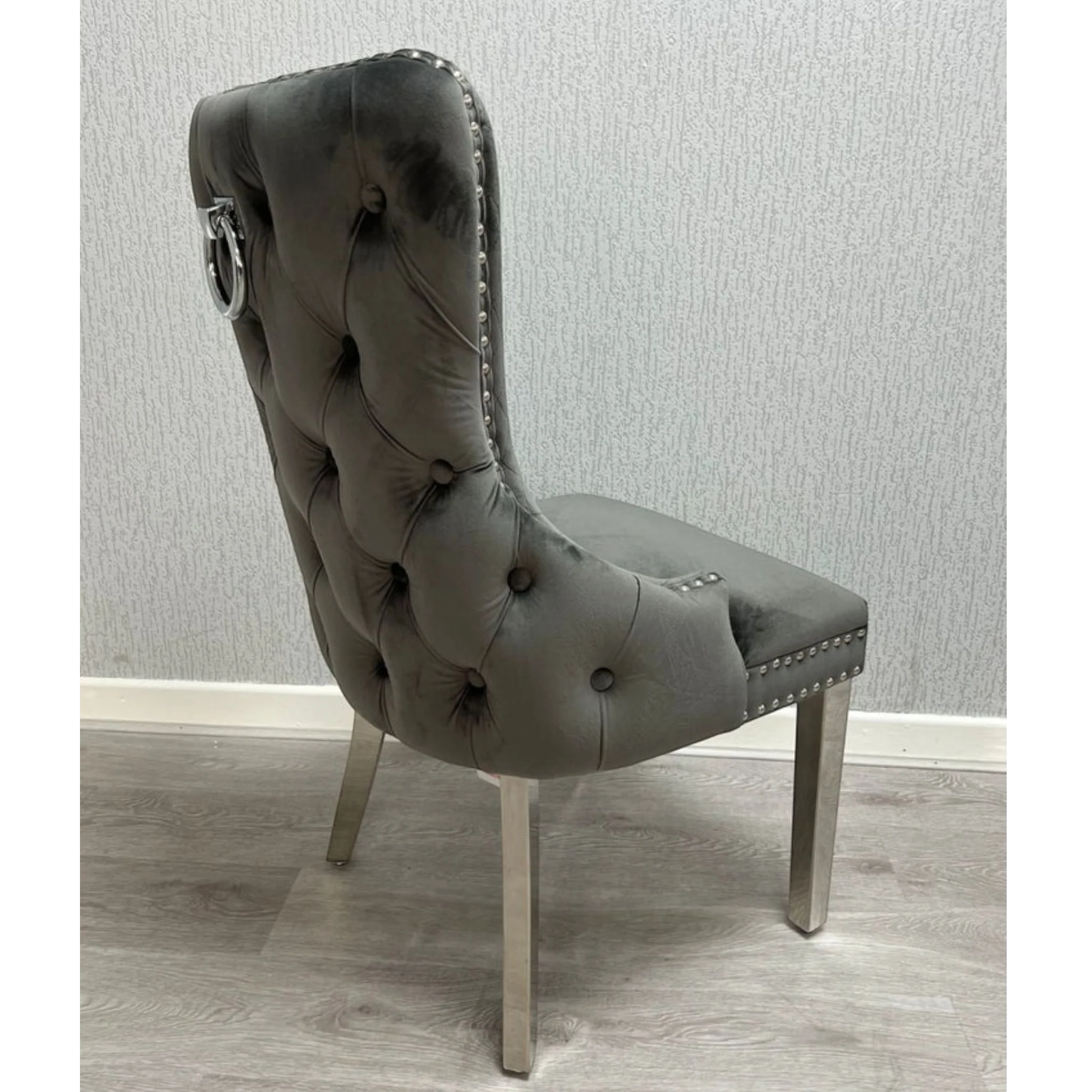 Ariana White Marble Dining Table & Victoria Dark Grey Button Back Velvet Chairs