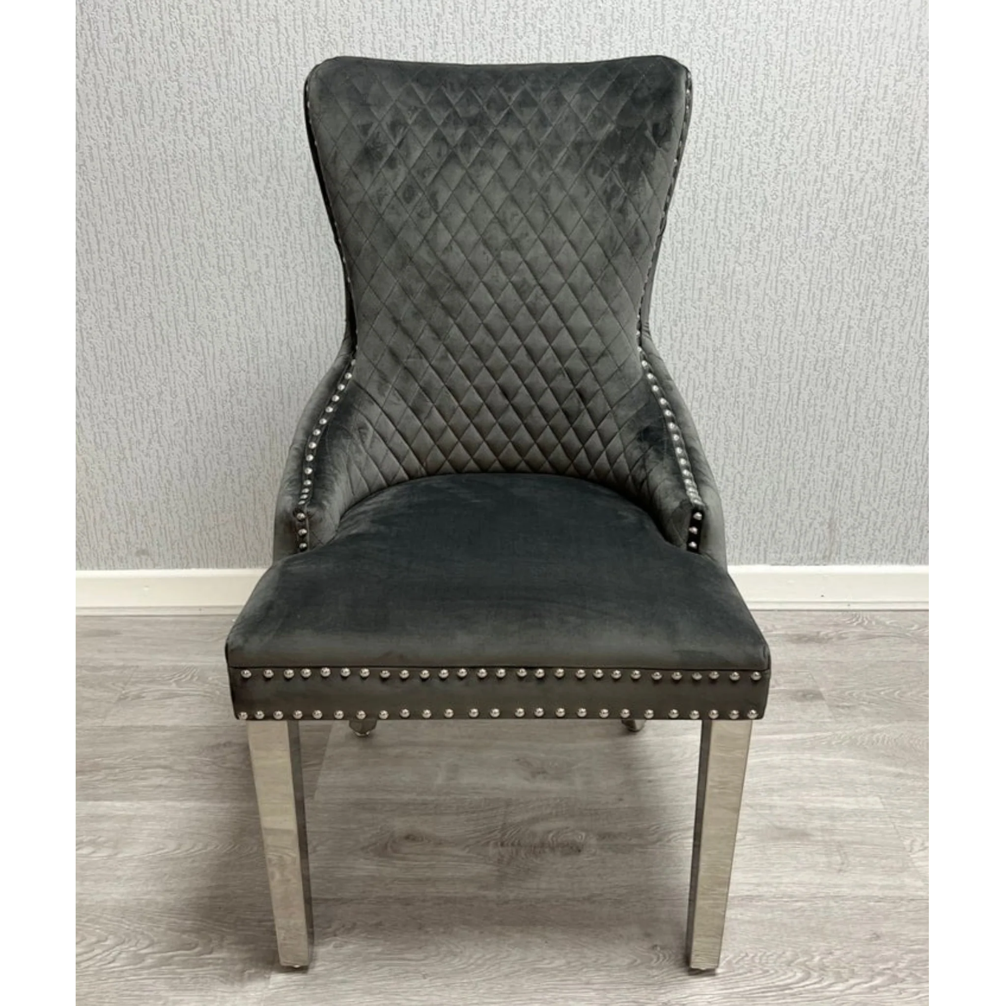 Ariana White Marble Dining Table & Victoria Dark Grey Button Back Velvet Chairs