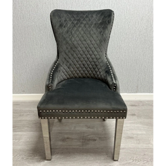 Ariana White Marble Dining Table & Victoria Dark Grey Button Back Velvet Chairs