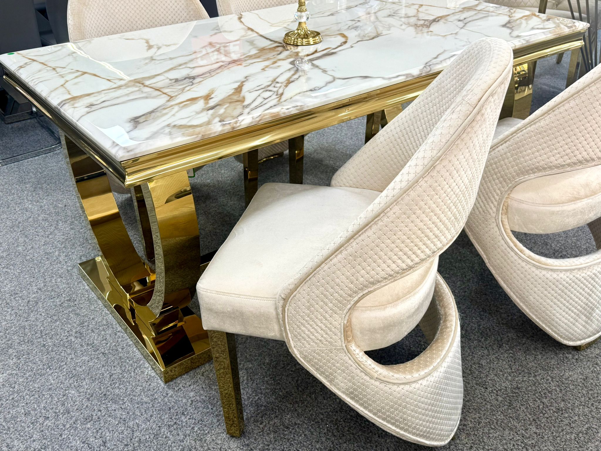 Arianna Marble & Gold Dining Table With Santos Curve Velvet Chairs Gold Legs