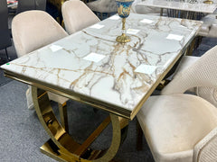 Arianna Marble & Gold Dining Table With Santos Curve Velvet Chairs Gold Legs