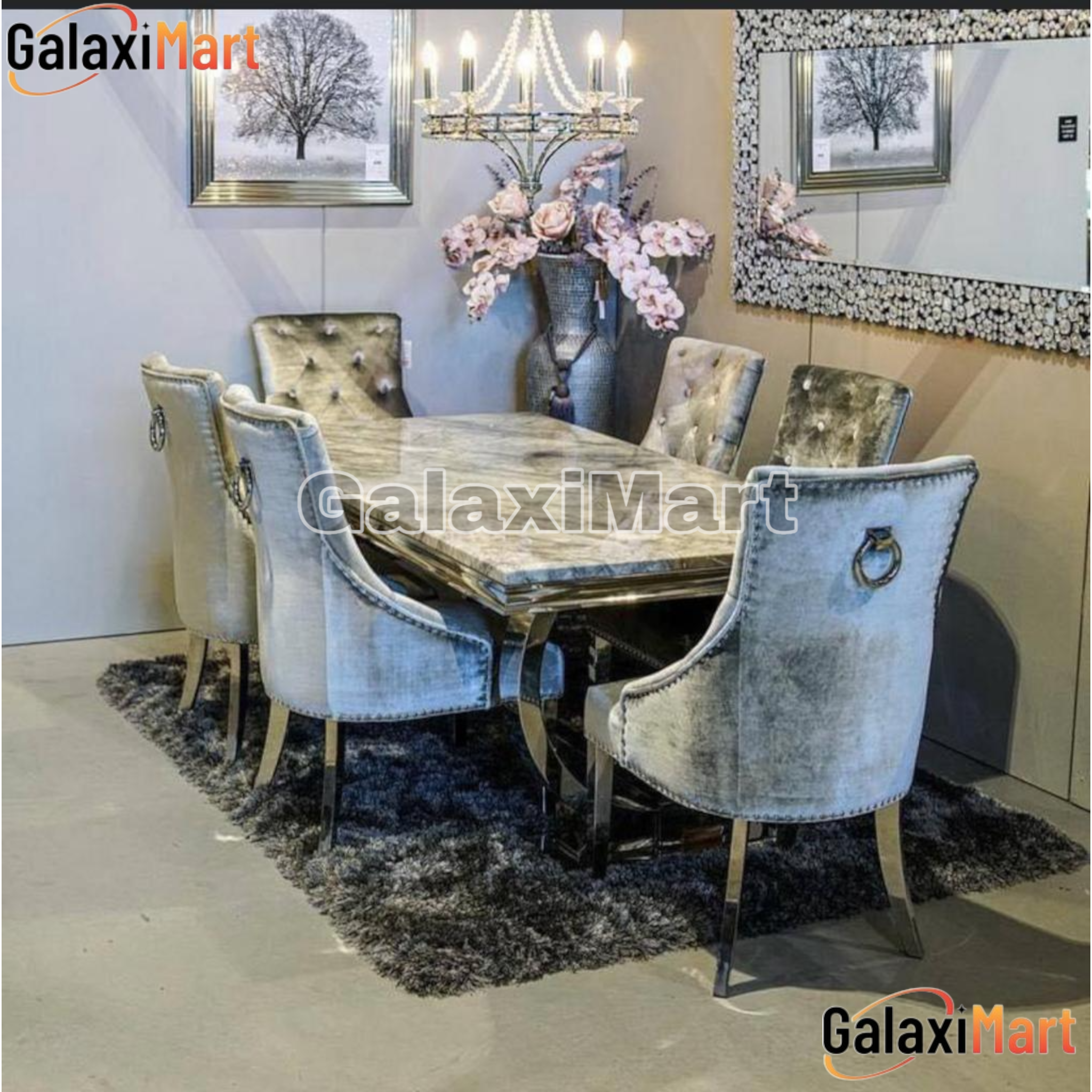 Ariaana 150cm+180cm+200cm Grey Marble Dining Table and Silver Velvet Dining Chairs Rink Knocker