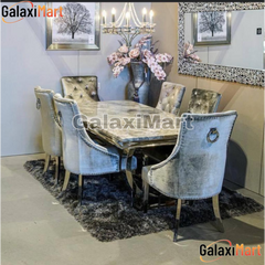 Ariaana 150cm+180cm+200cm Grey Marble Dining Table and Silver Velvet Dining Chairs Rink Knocker
