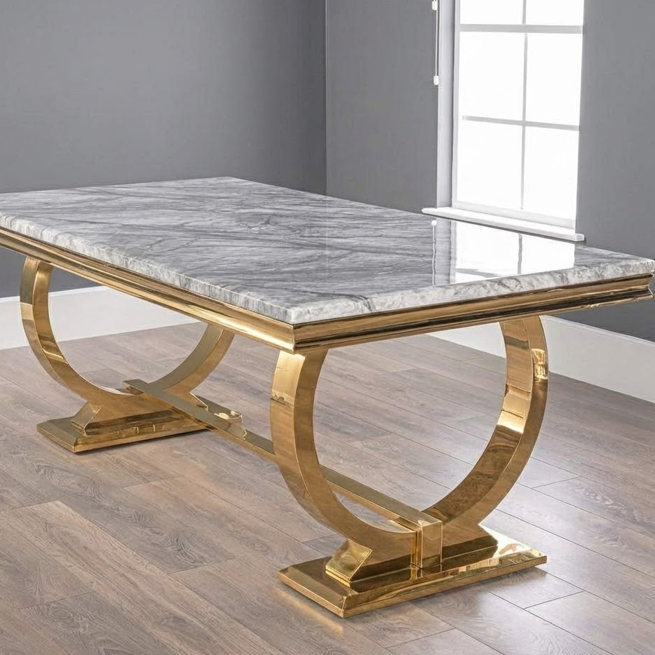 Arianna Grey Marble Dining Table & Gold Base with Victoria Velvet Chairs