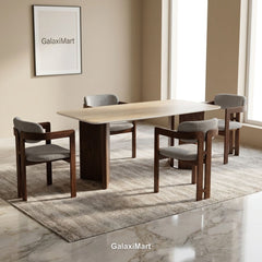 Almira 180cm Walnut & Travertine Dining Table with Clara Walnut & Oatmeal Boucle Chairs