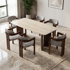 Almira 180cm Walnut & Travertine Dining Table with Clara Walnut & Oatmeal Boucle Chairs