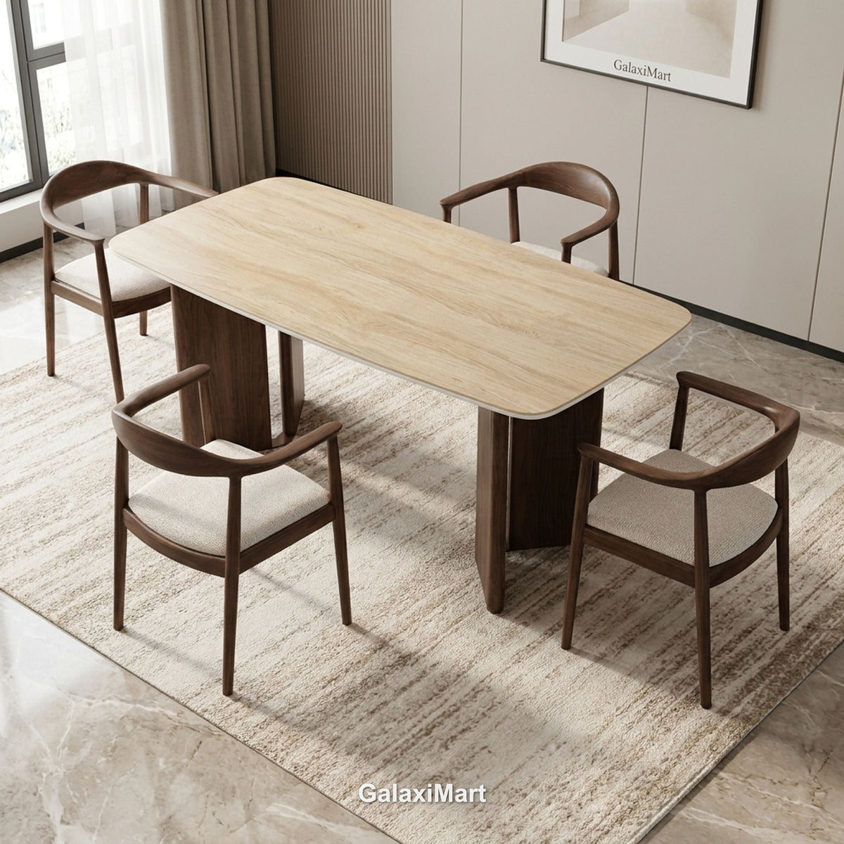 Almira 180cm Walnut & Travertine Dining Table with Fern Walnut & Oatmeal Boucle Chairs