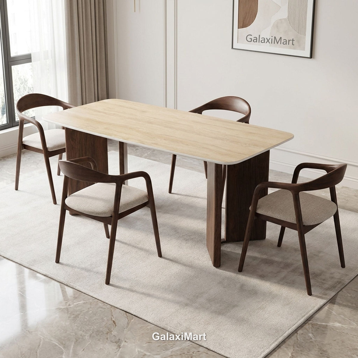 Almira 180cm Walnut & Travertine Dining Table with Tess Walnut & Oatmeal Boucle Chairs Luxury Dining Set