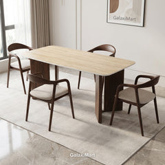 Almira 180cm Walnut & Travertine Dining Table with Tess Walnut & Oatmeal Boucle Chairs Luxury Dining Set
