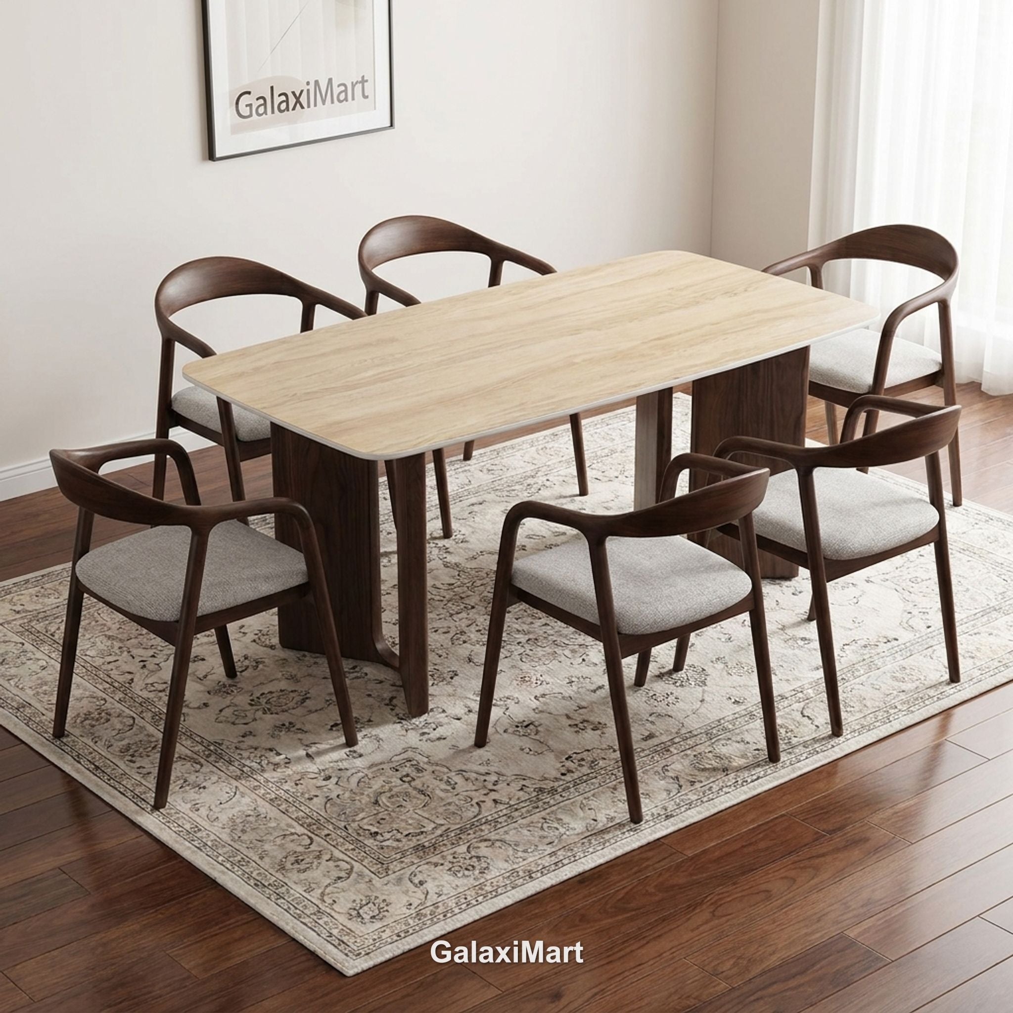 Almira 180cm Walnut & Travertine Dining Table with Tess Walnut & Oatmeal Boucle Chairs Luxury Dining Set