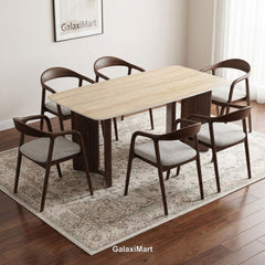 Almira 180cm Walnut & Travertine Dining Table with Tess Walnut & Oatmeal Boucle Chairs Luxury Dining Set
