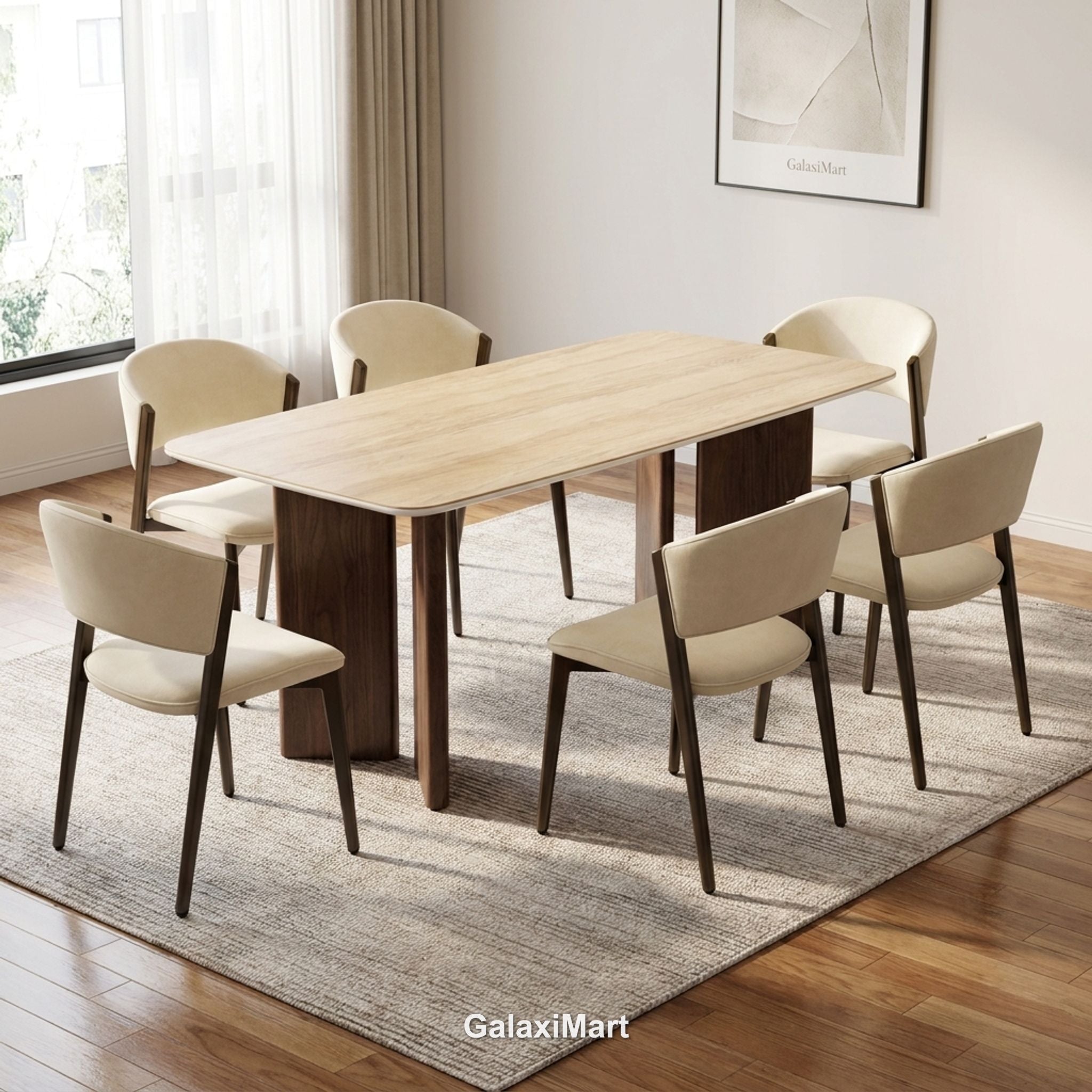 Almira 180cm Walnut & Travertine Dining Table with Catello Walnut & Cream Dining Chairs