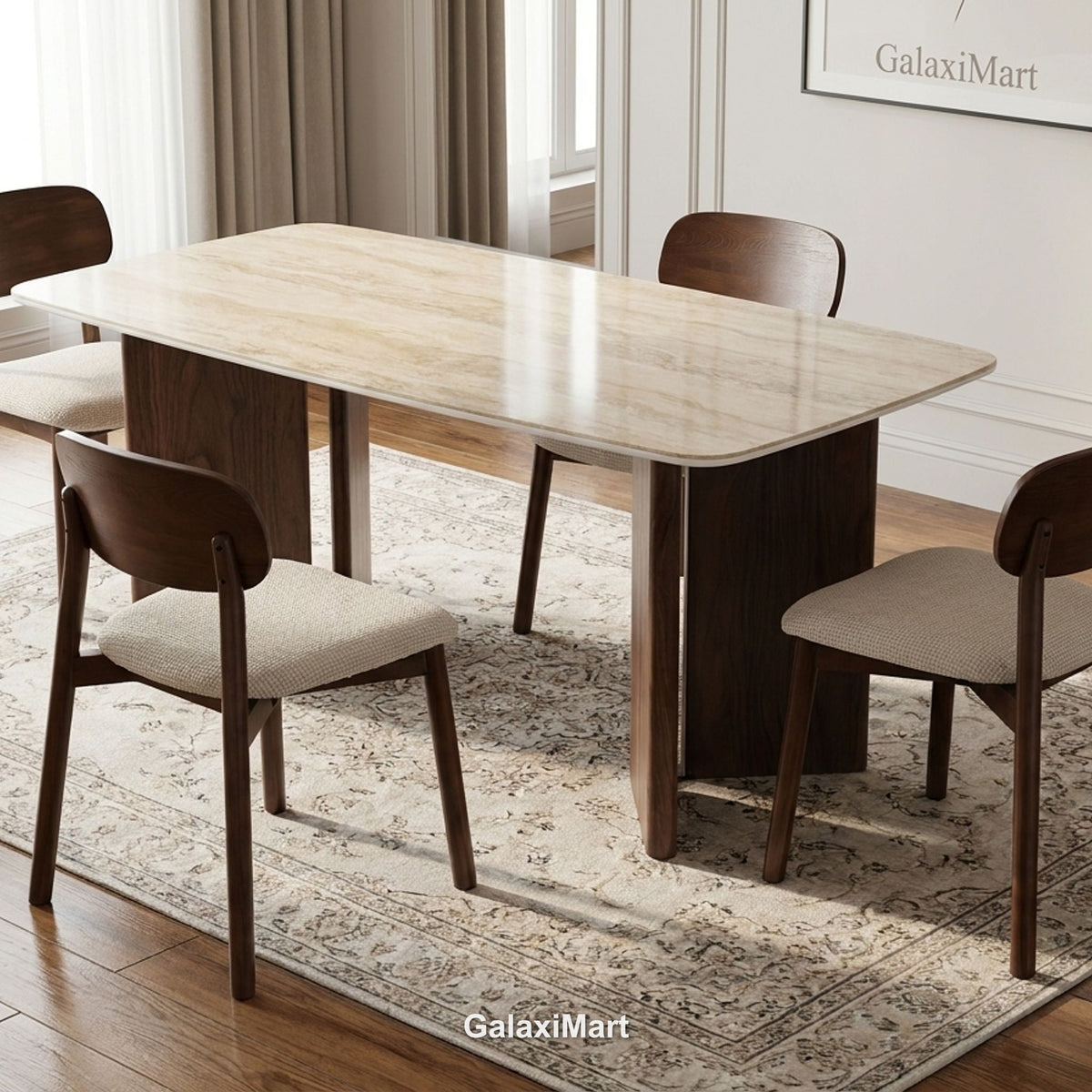 Almira 180cm Walnut & Travertine Dining Table with Clara Walnut & Cream Upholstered Dining Chairs