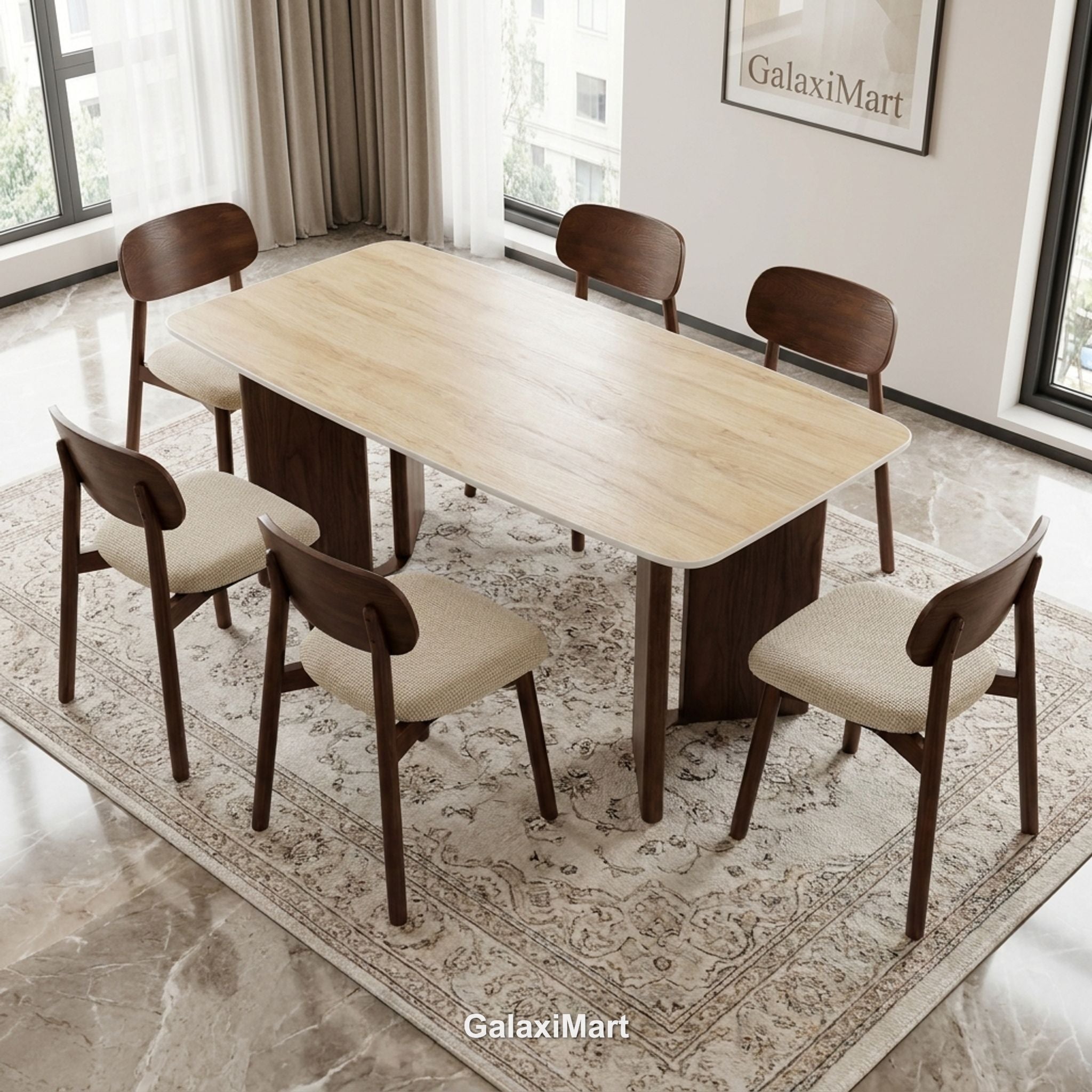 Almira 180cm Walnut & Travertine Dining Table with Clara Walnut & Cream Upholstered Dining Chairs