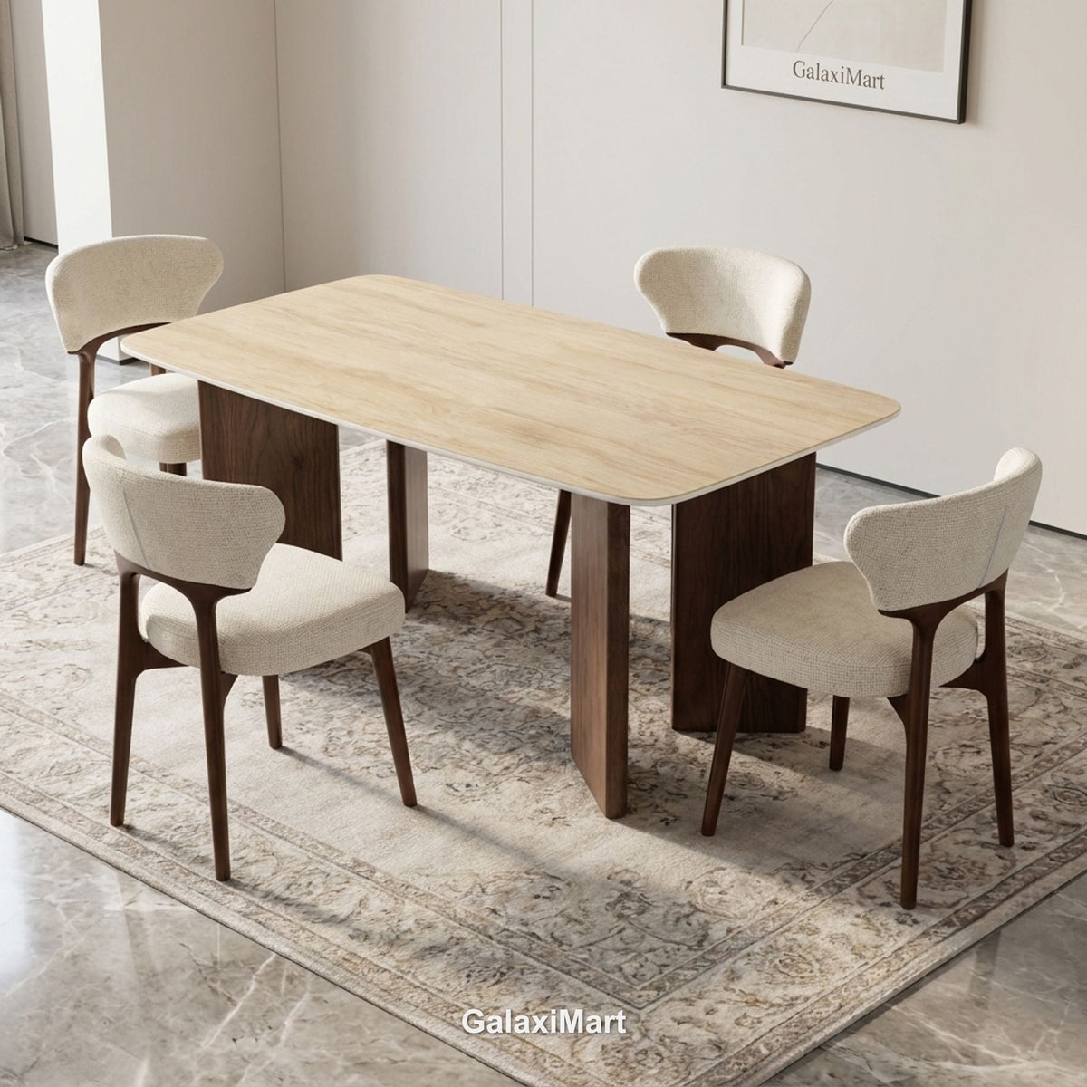 Almira 180cm Walnut & Travertine Dining Table with Luciano Walnut & Cream Chairs Luxury Dining Set